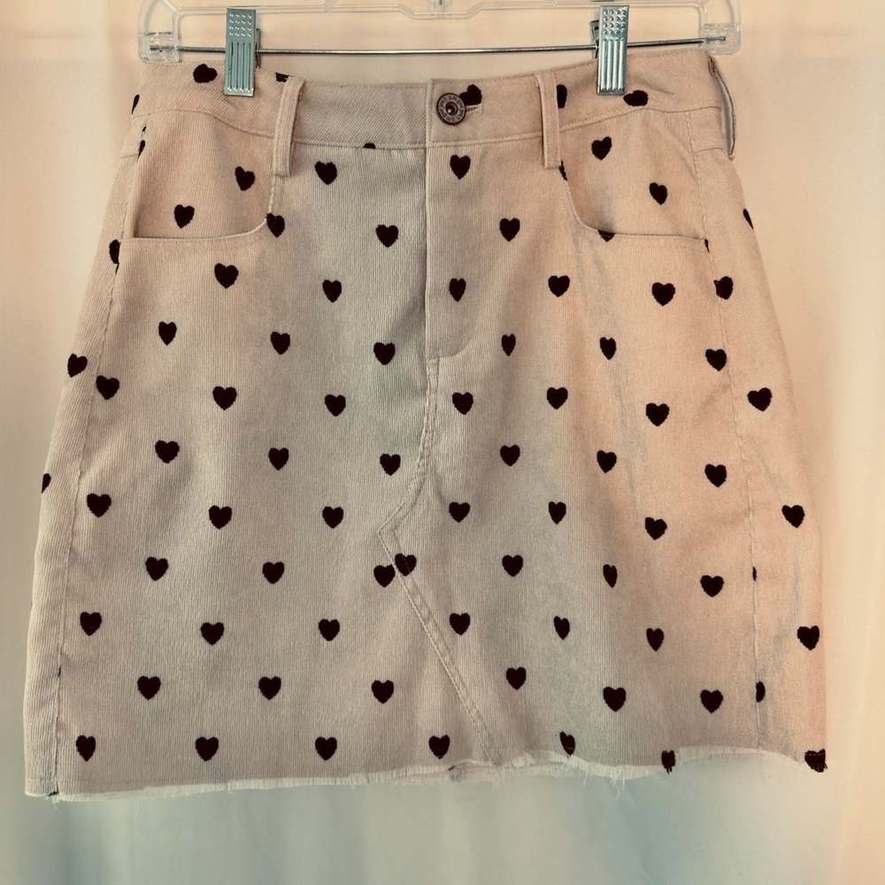 Umgee Heart Print Corduroy Mini Skirt S Coquette Romantic Fall Raw Hem